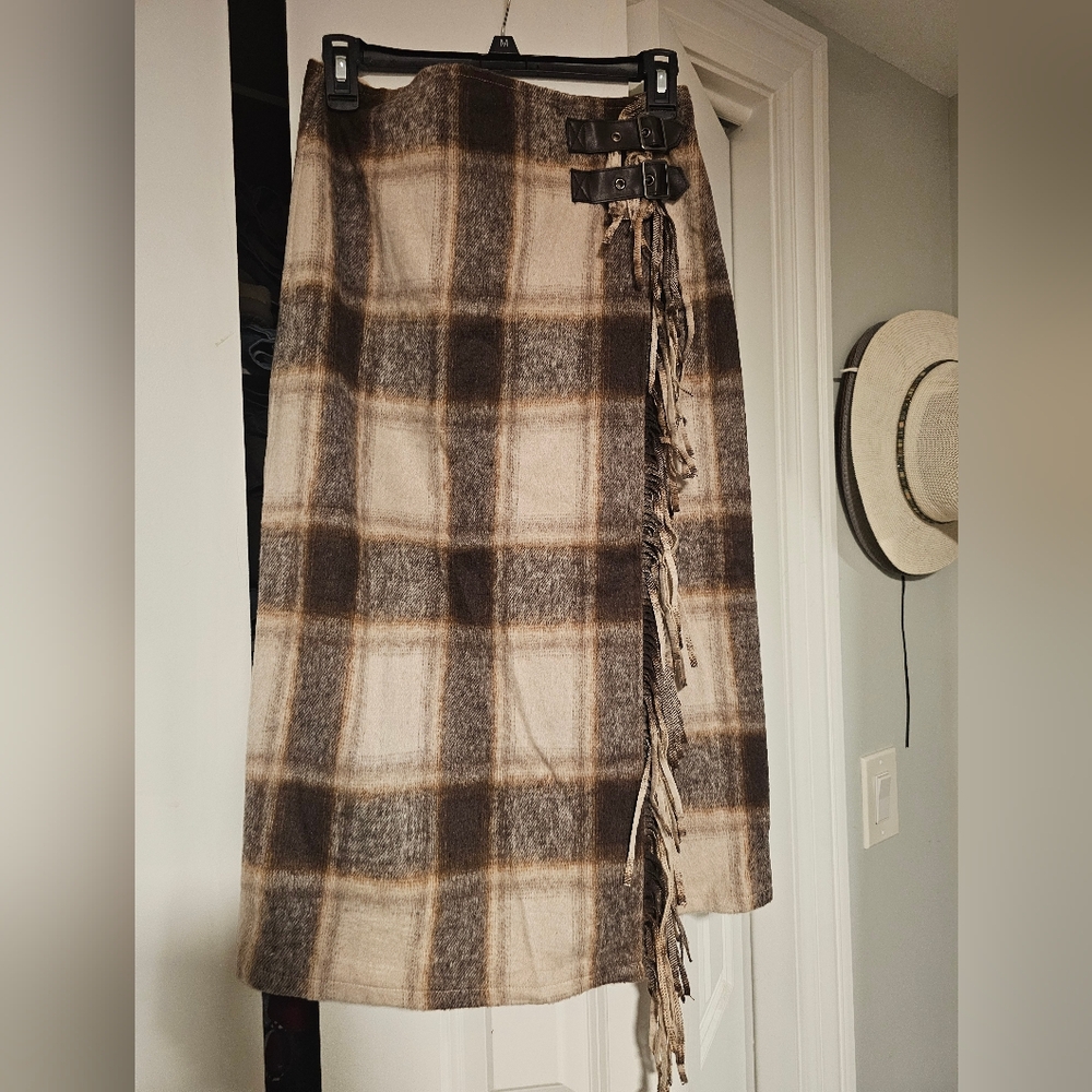 Vici Brown Plaid Maxi Skirt with Fringe